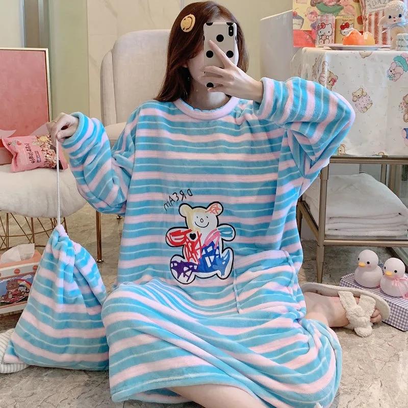 Large Size Women's Winter Warm Coral Fleece Stripes Nightdress Cute Cartoon Printing Pyjama Plus Fat Oversize Long-sleeves Pajamas Flannel Home Wear