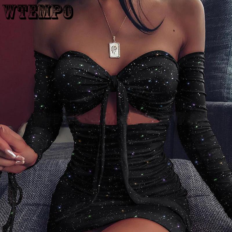 Party Sexy Dress Women Strapless Hollow Out Long Sleeve Summer Dress Solid Pleating Dresses