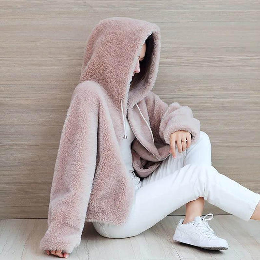 Warm and Anti-rabbit Fur Hooded Jacket Fashion All-match Fur Winter Jacket Women