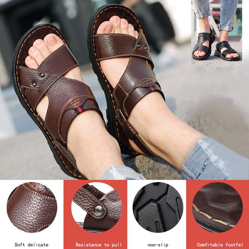 Men Leather Sandals Summer Classic Peep Toe Slippers Soft Sandals Men Roman Comfortable Outdoor Walking Footwear