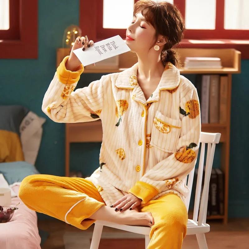 Coral Fleece Pajamas Women's Flannel Pyjamas Plus Size Velvet Thick Sleepwear Autumn Winter Warm Home Wear Suits Tops Pants Sets Long Sleeve Outwear