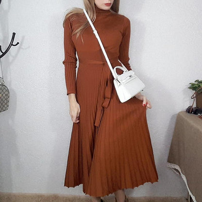 Turtleneck Sweater Elegant Long Sleeve Belt Dress Casual Women Knit Autumn Female Slim Long Dress