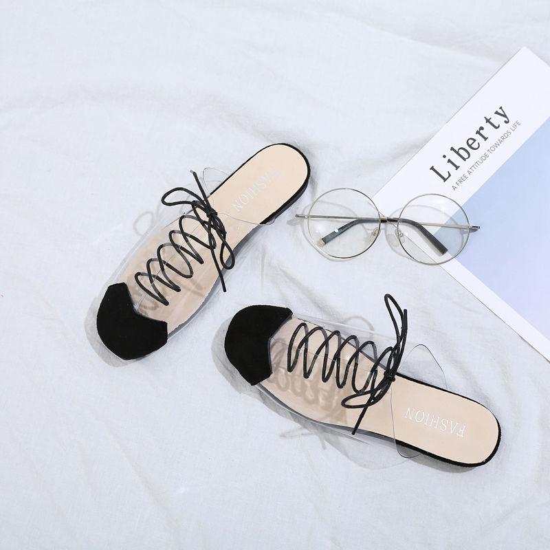 Transparent Half Slippers Women Spring and Summer Square Head Lace Slippers Fashion Flat Slippers Women