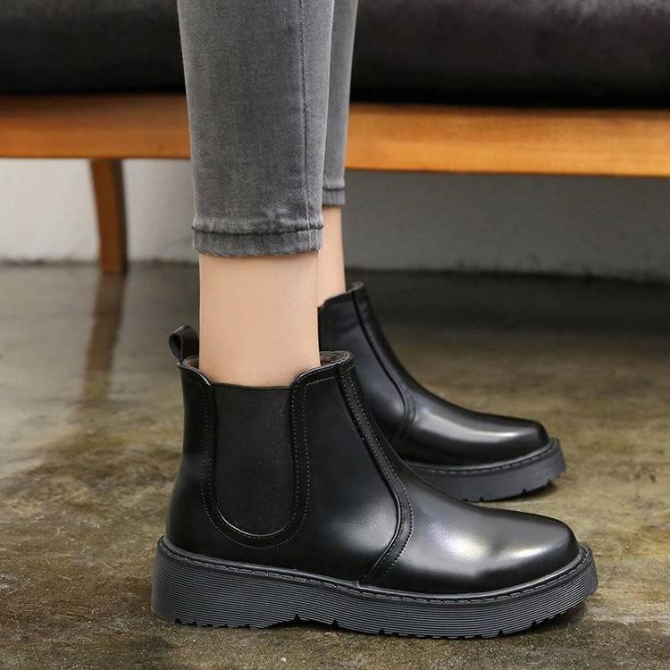 Leather Pointed Toe Thick Heels Chelsea Boots Women Back Decorate Ankle Martin Booties