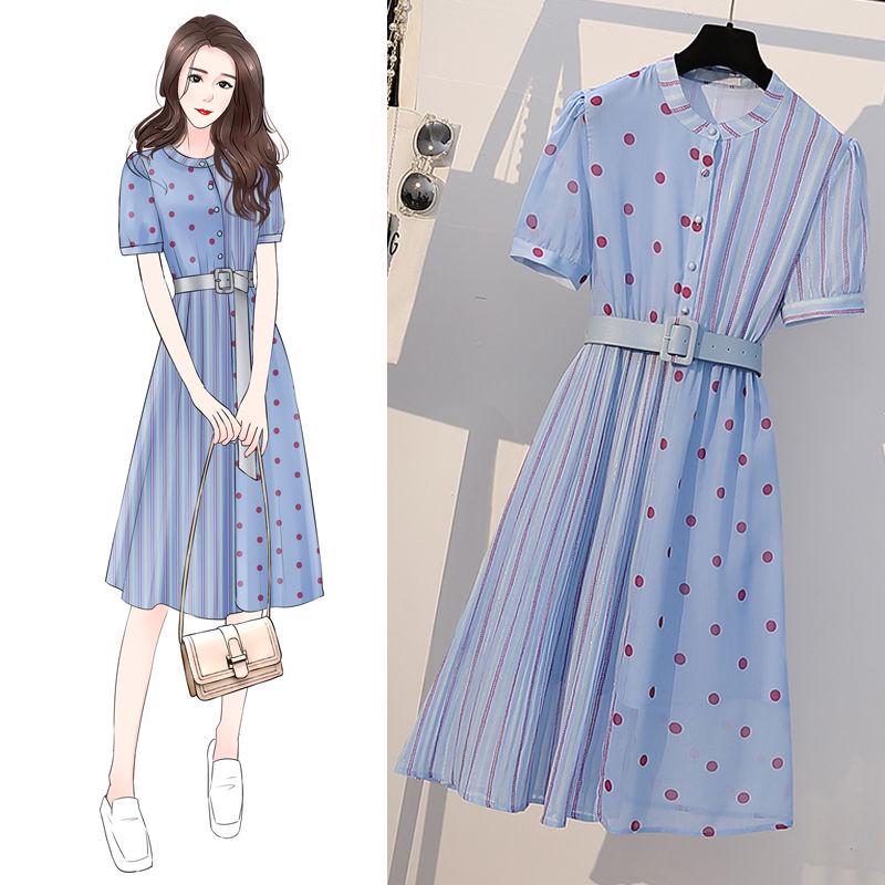 Pofulove Summer Plus Size Women's Slim Chiffon Skirt Party Evening Stripe Polka Dot Dress with Belt