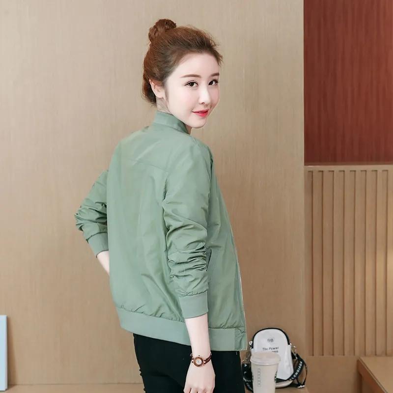 Women's Short Stand Collar Coat Baseball Jacket Loose Double Layer Lining Solid Color Zip Top Jacket