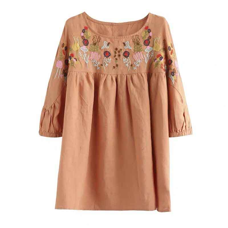 Retro Embroidered Round Neck Short Sleeve T-Shirt Women's Loose Shirt Summer Half Sleeve Cotton Top