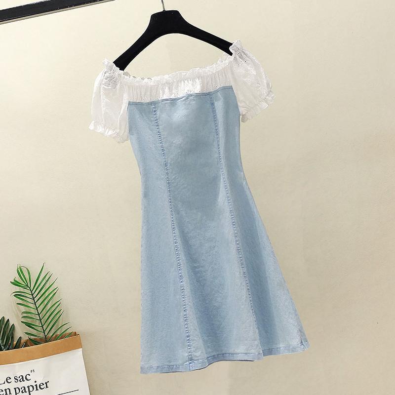 Fashion Lace Stitching One-shoulder Denim Dress Buttoned A-line Skirt Small Summer