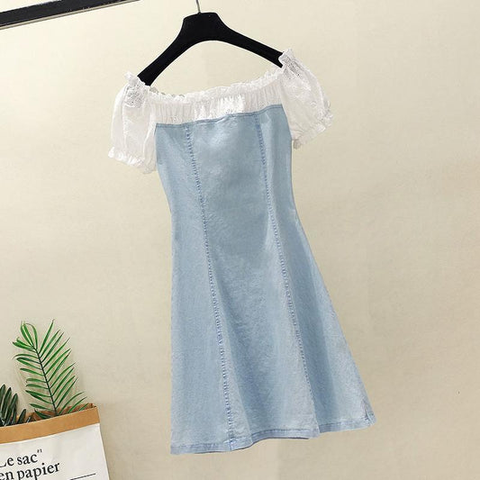 Fashion Lace Stitching One-shoulder Denim Dress Buttoned A-line Skirt Small Summer
