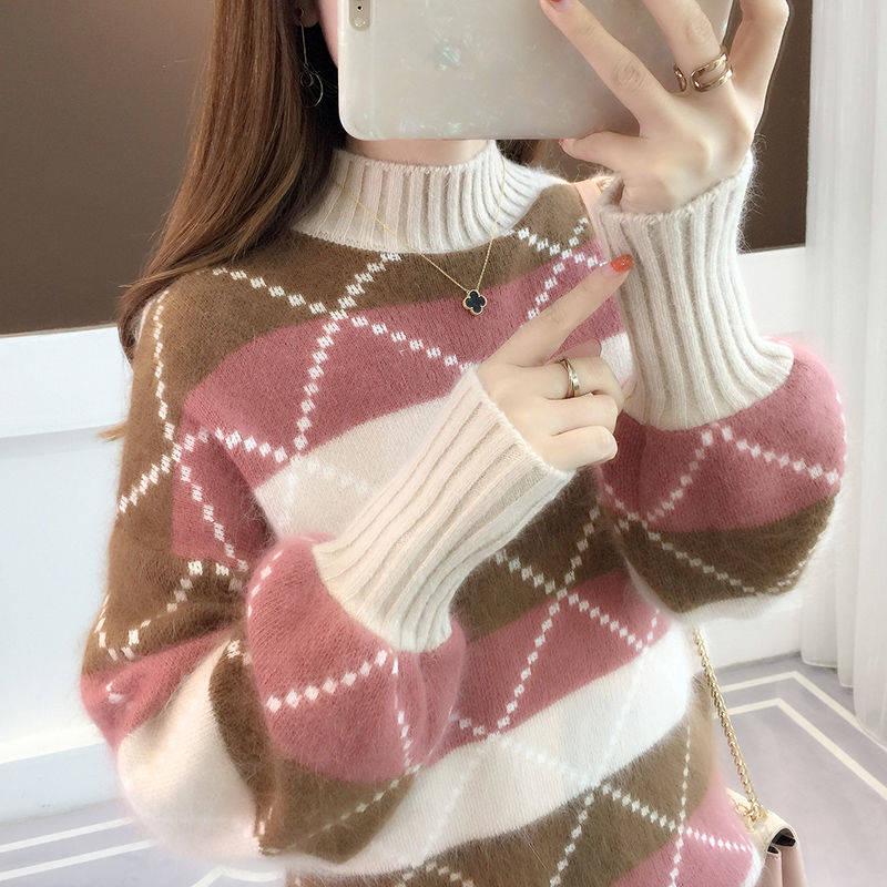 Pofulove Girly Button Cardigan Crew Neck Jumper Knitwear Skin-friendly Losse Plaid Pullover Sweater