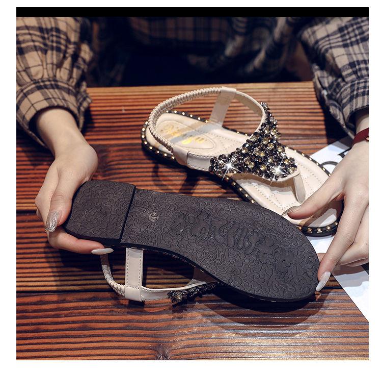 Women's Flat Flip-on Sandals Rhinestone One Word Buckle Beach Shoes Summer Non-slip Comfortable Wear-resistant Sandals