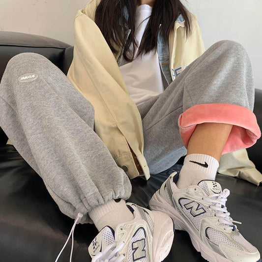 Cotton and Velvet Sweatpants for Female Students Korean Version of Loose Winter High-waisted Straight and Thin Thick Wide-leg Long Pants