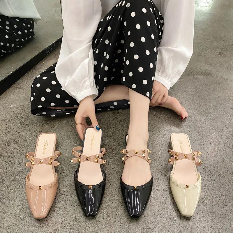 Office Ladies Summer Autumn Large Size Non-slip Baotou Slippers Women's Spring Solid Color Low Heel Rhinestones Single Shoes