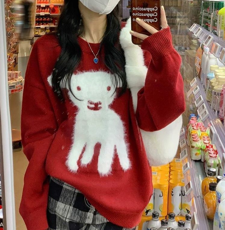 Lazy Blue Women's Crew Neck Pullover Mid Length Sweater Lamb Print Long Sleeve Knit Sweater
