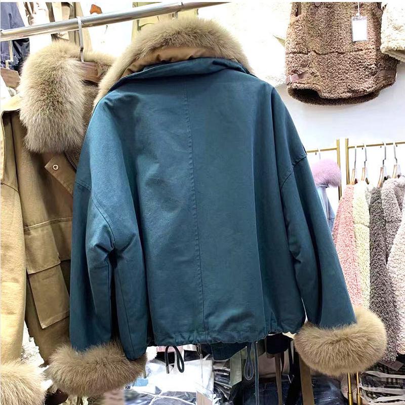 Parker Overcome Female Imitation Fox Big Fur Collar Lamb Wool Short Frock Coat with Velvet To Keep Warm and Comfortable