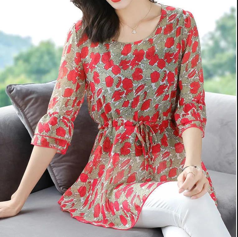 Women's Summer Half Sleeve Chiffon Shirt Printed Loose Large Size Top Mid Length