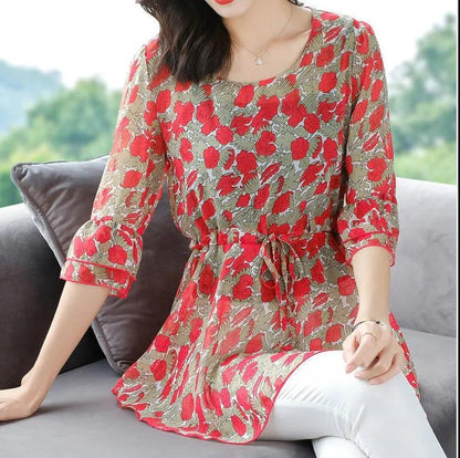 Women's Summer Half Sleeve Chiffon Shirt Printed Loose Large Size Top Mid Length