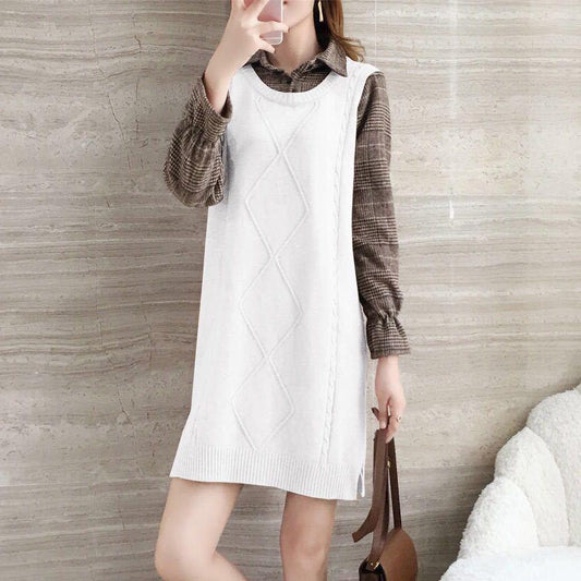 Autumn and Winter Mid-length Loose Sleeveless Sweater Pullover Fake Two-piece Knitted Skirt Bottoming Shirt