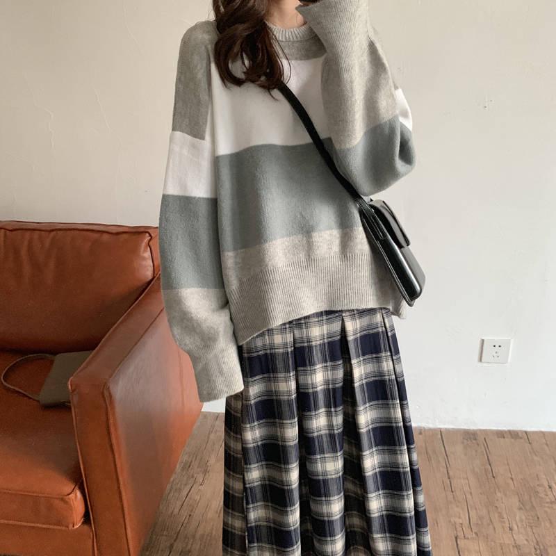 Pofulove Autumn Round Neck Loose Sweater Female Students Wild Color Matching Sweater Long-sleeved