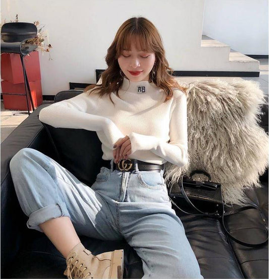 Women Warm Sweater Turtleneck Collar Female Solid Color Long Sleeve Slim Fit Pullover Sweater