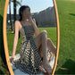 Female Vintage Slim Suspender Holiday Dress Elegant Backless Long Graceful Plaid Vacation Dress