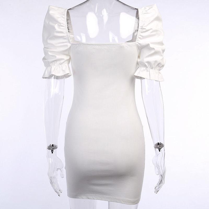 Retro Square Collar Dress Female Summer New Slim Slimming Bow Temperament Bubble Sleeve Bag Hip Skirt