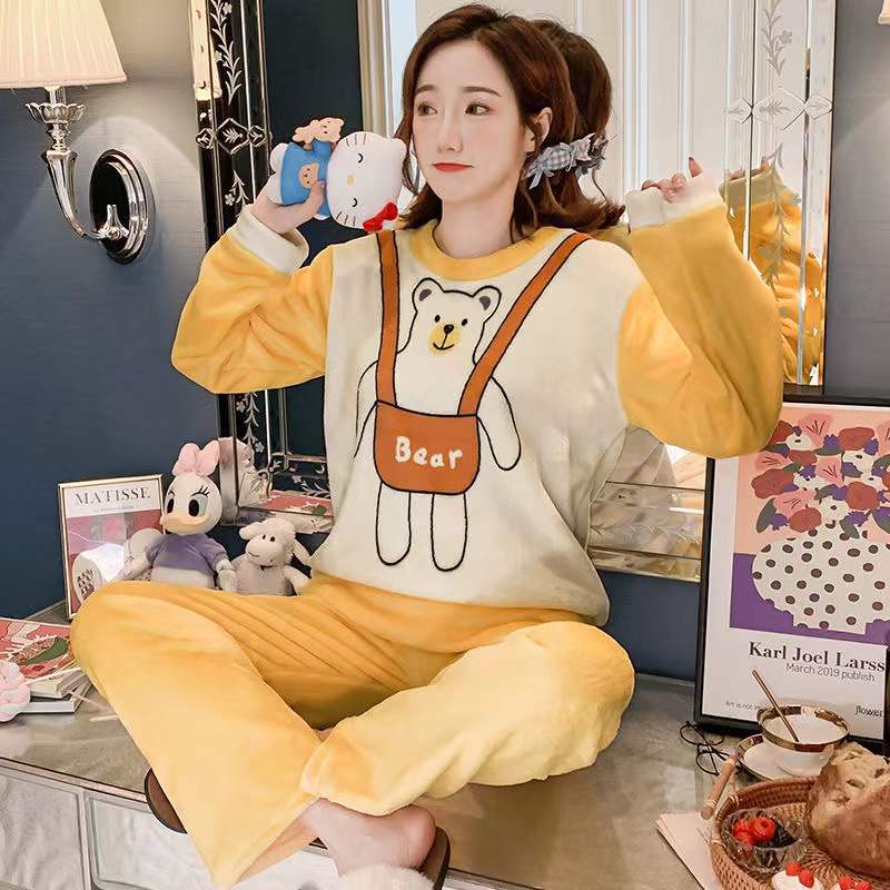 Coral Fleece Pajamas Set Cartoon Round Neck Thickened Flannel Home Wear Long Sleeves Warm Sleeping Suit Two-piece Set