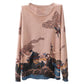 Vintage  Literary Print Long-sleeved Sweater Women Fall/winter Oversized Knit Sweater Outwear  Pullover Jumper Top with Pocket
