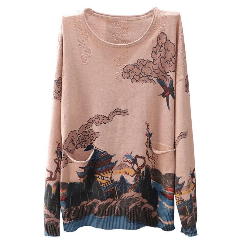 Vintage  Literary Print Long-sleeved Sweater Women Fall/winter Oversized Knit Sweater Outwear  Pullover Jumper Top with Pocket