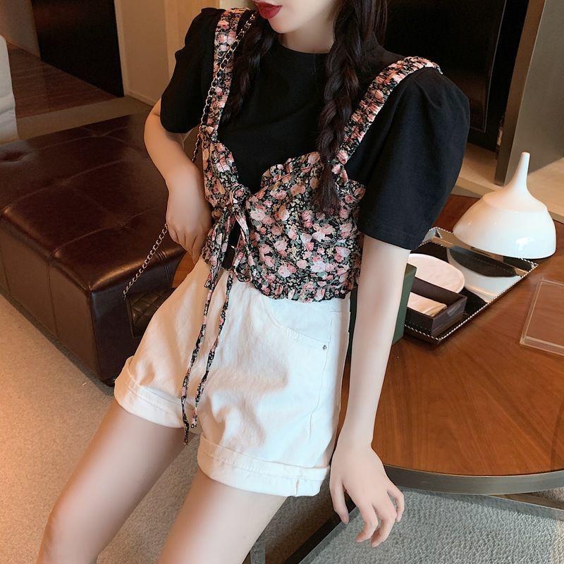 Summer Korean Version  The White Simple Short-sleeved T-shirt Plus Sweet Floral Sling Two-piece Jacket Women