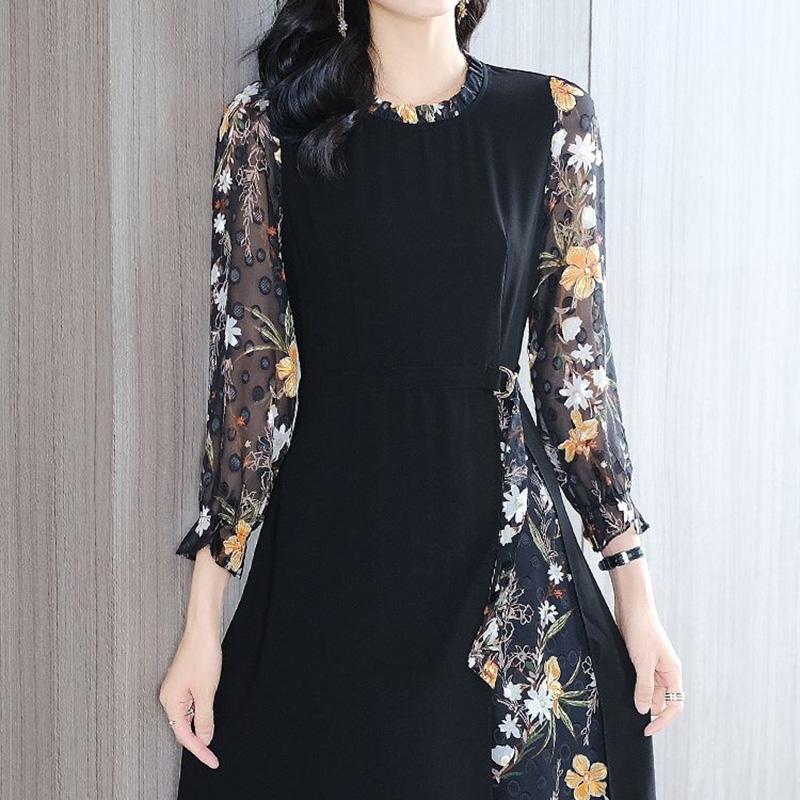 Large Size Women's Chiffon Stitching Fake Two-piece Dress Loose Casual Elegant Long Skirt Black Floral