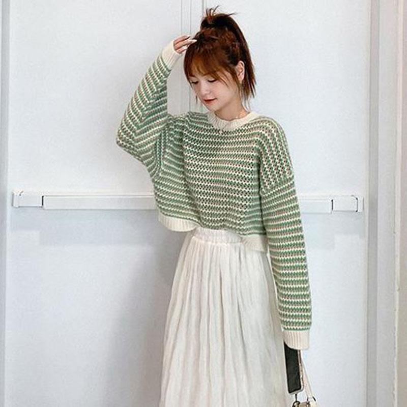 Autumn Cocoon Fashion Sweater Loose Outer Wear Casual Jacket Short Striped Sweater Sweater