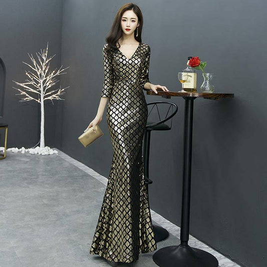 Banquet Evening Dress Skirt Women Winter Noble Elegant Sexy Fishtail Slim Ladies Party Sleeve Long