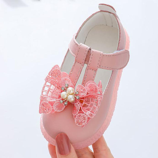 Girl's Bowknot Velcro Soft Soled Pink Single Breathable Shoes Girls' Non Slip Hollow Out Light Princess Shoes