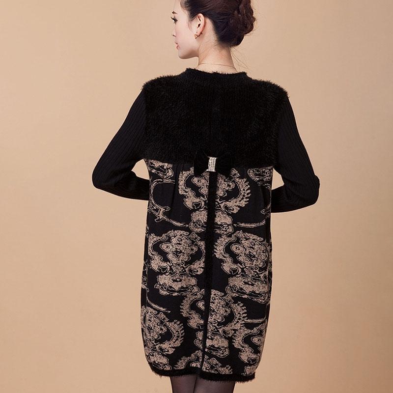 Vintage  Printed Woolen Sweater Women Thickened Long High Neck Furry Pullover Dress Plus Size  Loose Bottoming Sweater Dress