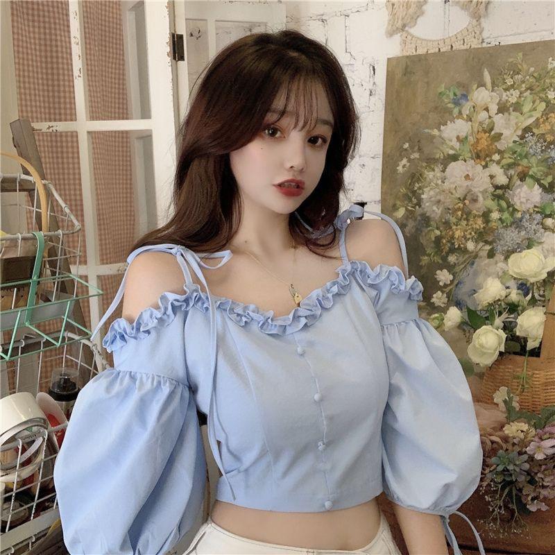 Women - on Shoulder Shoulders Short Solid Color Strap Waist Summer New Korean Design Sense