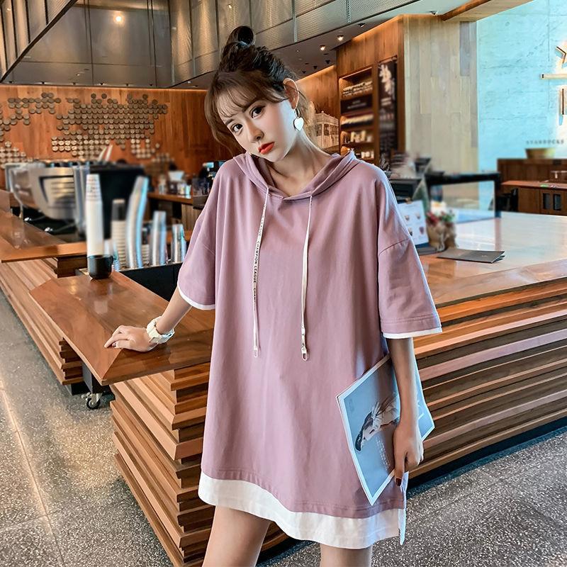 Hooded Long T-shirt Dress Women Girl Loose Casual  Big Loose Home Comfort Outer Convenient above knee Dress