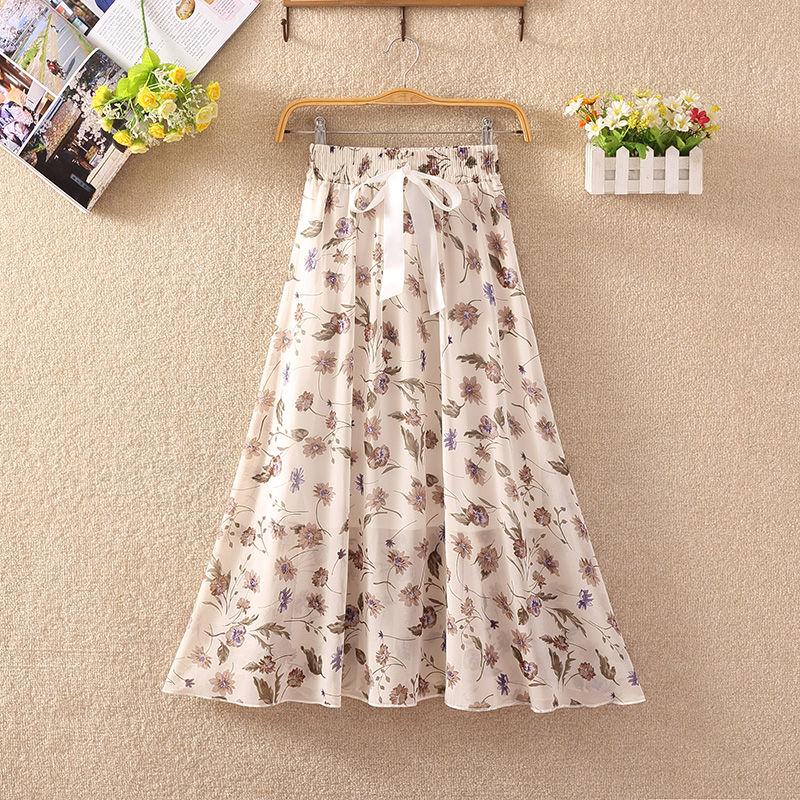 Summer High Waist Chiffon Women Midi Skirts Casual Floral Print Female Skirt Maxi Beach Skirt