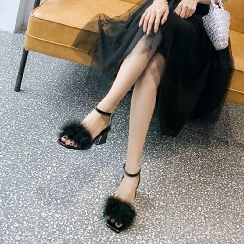 Hairy Sandals Female Summer Fairy Style Thick Heel Mid-heel Fashion High Heels
