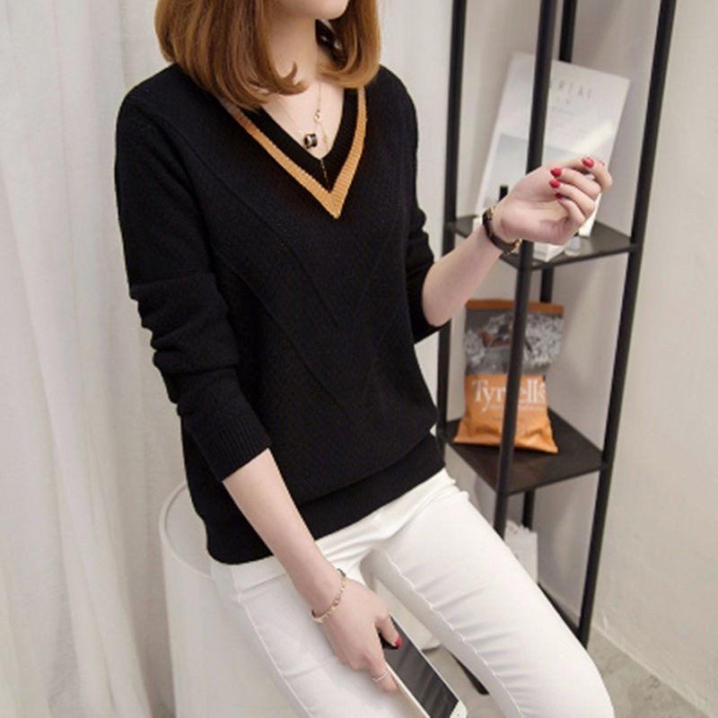 Winter Women Sweater Long Sleeve Solid Color Cutout Casual Pullover Loose V Collar  Ladies Sweater