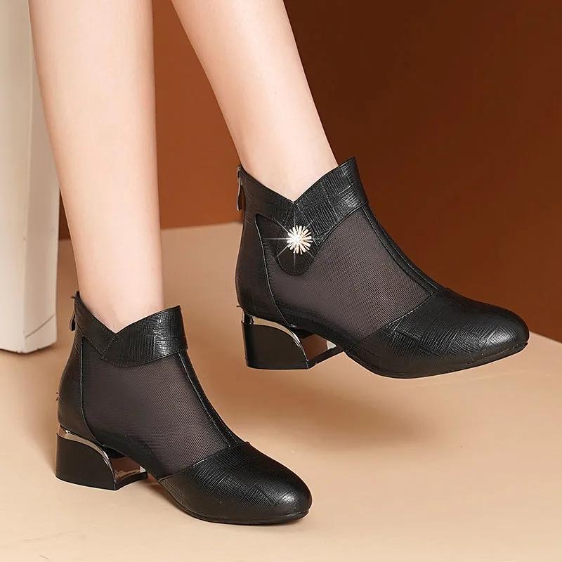 Women's Spring and Summer Thick with Hollow Breathable Mesh Toe Cap Sandals Women's Casual Shoes Work Shoes Sandals Boots Mid-heel Shoes Wedding Shoes