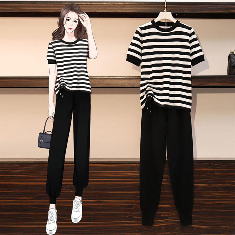 Two-piece Women's Casual Fashion Knitted Suit Striped Stitching Drawstring Short Sleeve + Knitted Pants Suit
