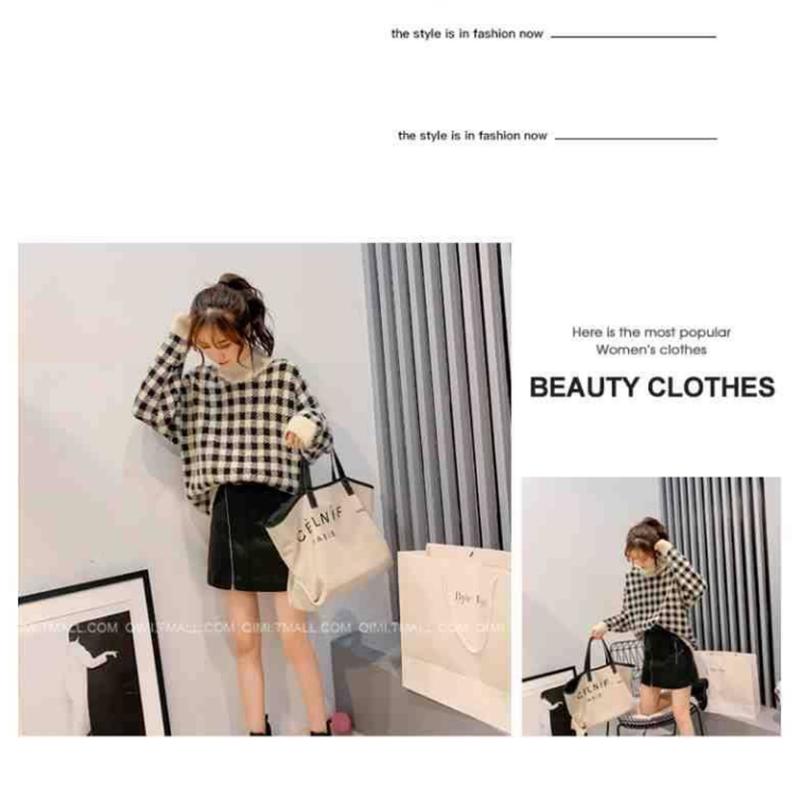 Winter Pullover Women Plaid O-neck Sweater Lazy Long Sleeve Loose Jumpers Casual Tops