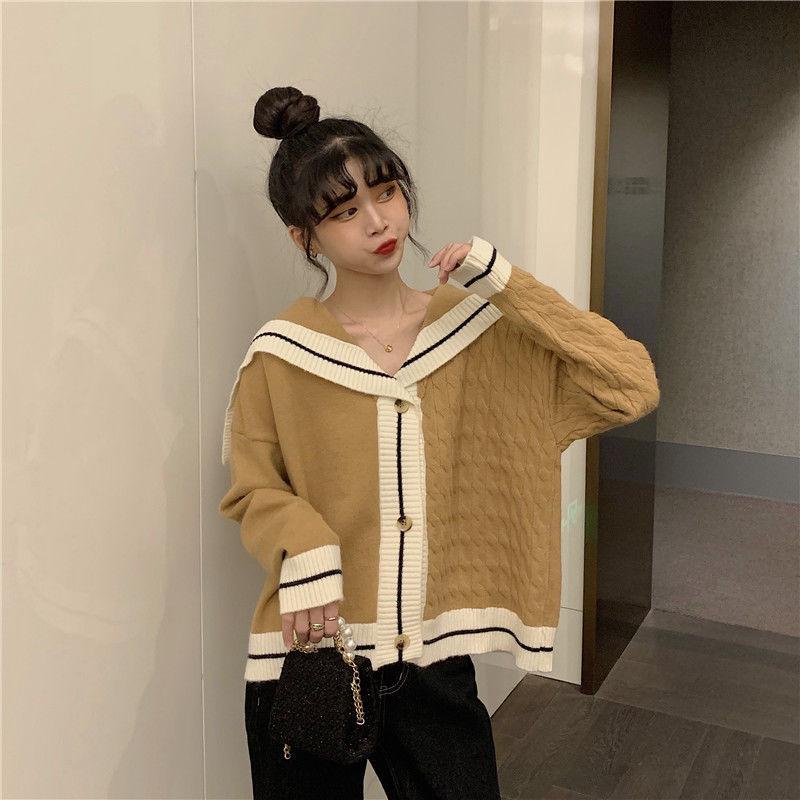 Autumn and Winter College Style Navy Collar Contrast Color Design Sense Outer Wear Loose Long-sleeved Knitted Sweater Women