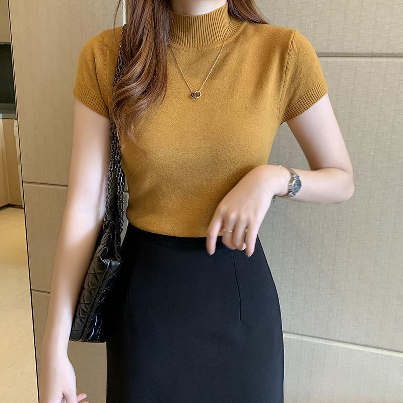 Spring and Summer Half Turtleneck Bottoming Shirt T-shirt Women's Half-sleeved Knitted Sweater Inner Sweater Short Slim Top