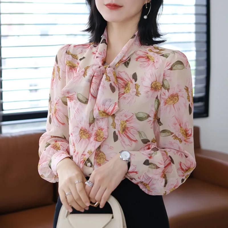 Women's Spring and Autumn Chiffon Print Loose Shirt Bow Long Sleeve Top