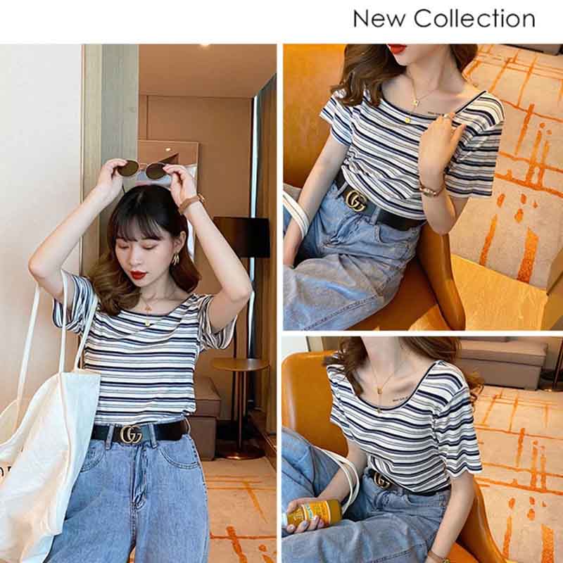 Summer Rainbow Striped Short-sleeved T-shirt Women's Slim French Square Collar with Half-sleeve Top