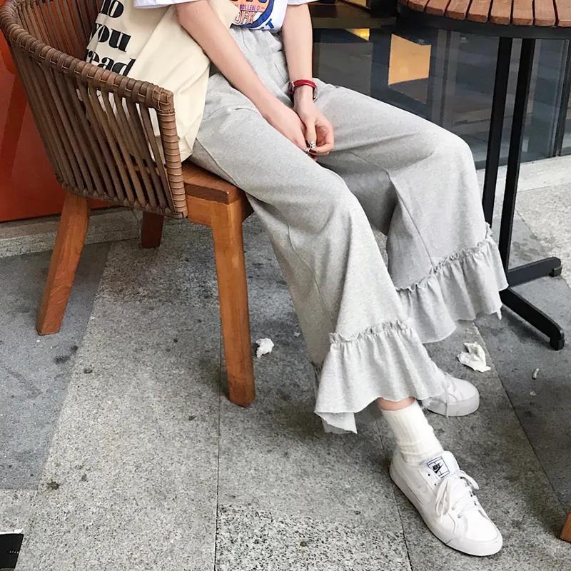 Women Pants Schoolgirl Spring and Summer Loose Wide-leg Pants Ruffled High Waist Casual Pants