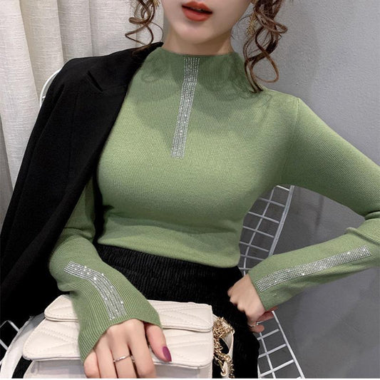 Half-high Neck Bottoming Slim-fit Sweater Women's Fall/winter Fashion Diamond-studded Inner Thick Pullover Sweater