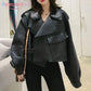 Women Faux Leather Jacket Soft Loose Vintage Biker Coat Short Pockets Motor PU Black Jacket Coats